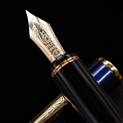 A macro shot of the nib with its intricate detailing and logo engraving for the Pilot Grance Fountain Pen - Navy Blue.