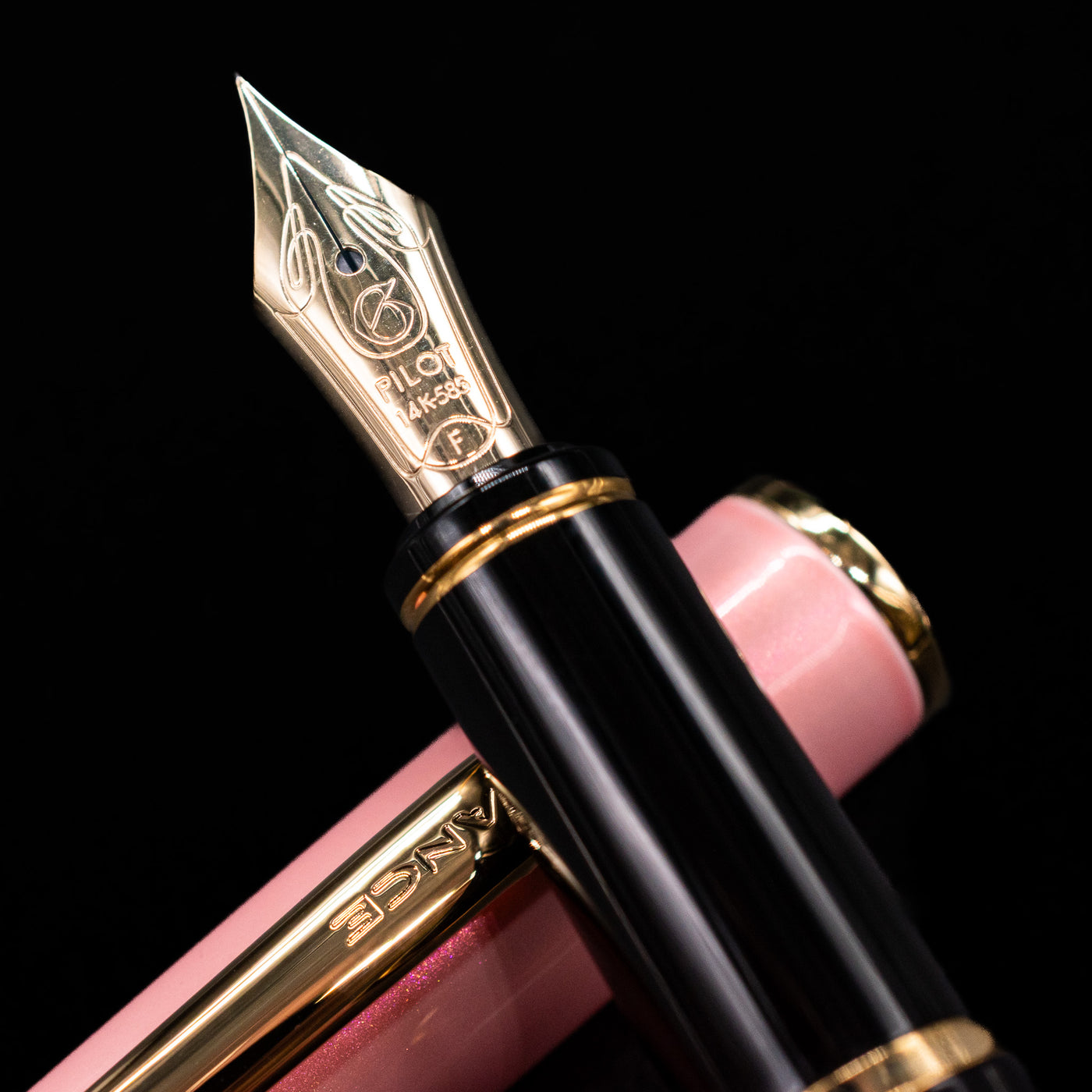 A macro shot of the nib with its intricate detailing and logo engraving for the Pilot Grance Fountain Pen - Pink.