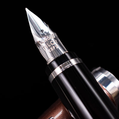 A macro shot of the nib with its intricate detailing and logo engraving for the Pilot Metal Falcon Fountain Pen - Brown.