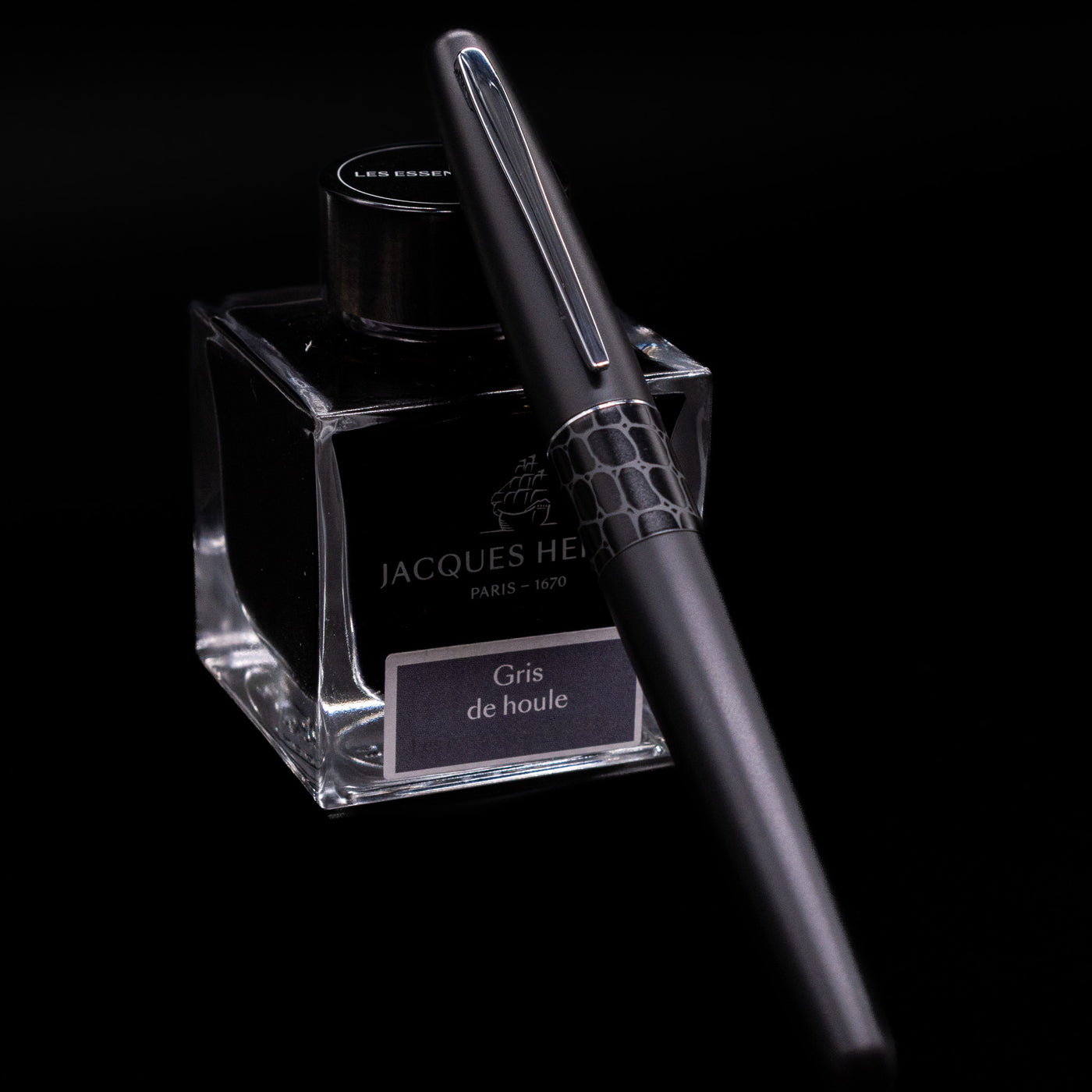 Pilot Metropolitan Fountain Pen - Crocodile capped, leaning against an ink bottle. 