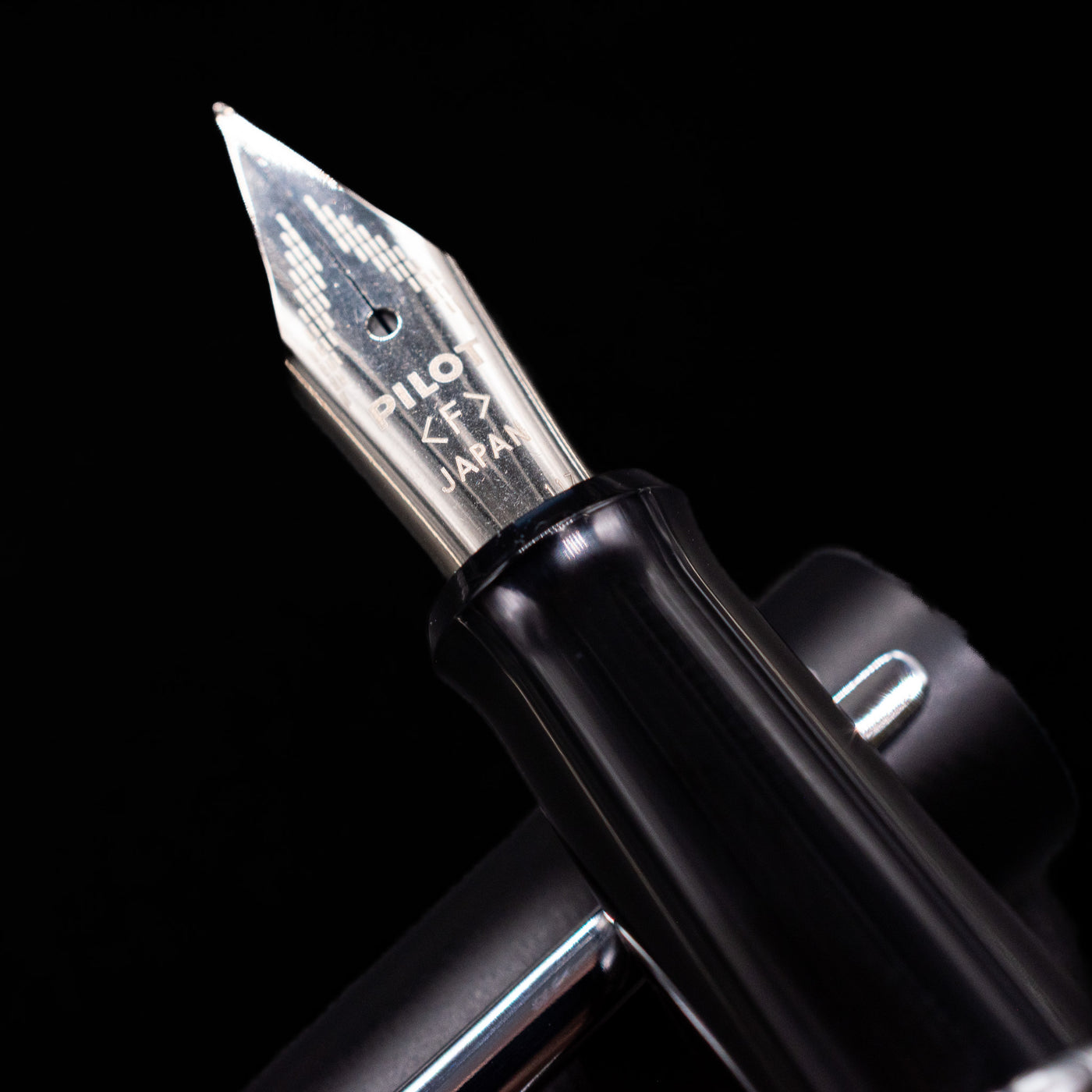 A macro shot of the nib with its intricate detailing and logo engraving for the Pilot Metropolitan Fountain Pen - Crocodile.