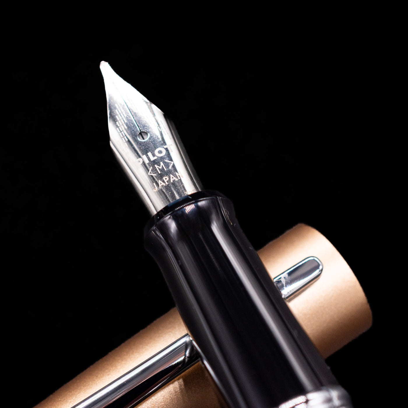 A macro shot of the nib with its intricate detailing and logo engraving for the Pilot Metropolitan Fountain Pen - Gold Zig Zag.