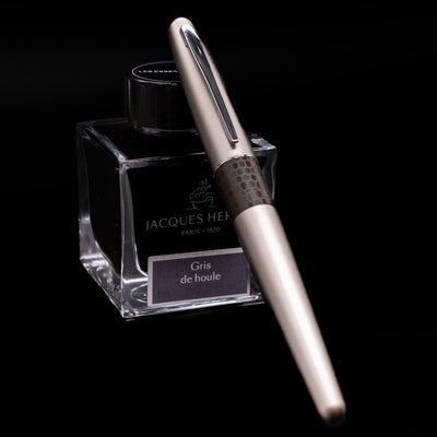 Pilot Metropolitan Fountain Pen - Lizard capped, leaning against an ink bottle. 