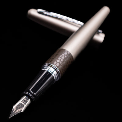 Pilot Metropolitan Fountain Pen - Lizard laying across its own cap, crossed, with a focus on the nib.