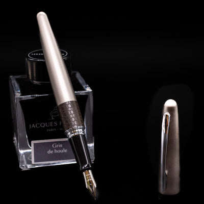 Pilot Metropolitan Fountain Pen - Lizard leaning on an ink bottle uncapped showcasing the detailing on the nib.