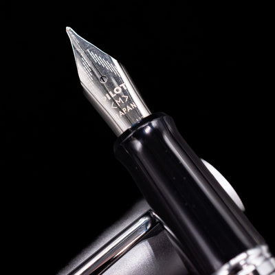 A macro shot of the nib with its intricate detailing and logo engraving for the Pilot Metropolitan Fountain Pen - Plain Silver.