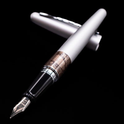 Pilot Metropolitan Fountain Pen - Python laying across its own cap, crossed, with a focus on the nib.
