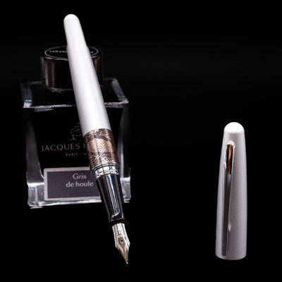 Pilot Metropolitan Fountain Pen - Python leaning on an ink bottle uncapped showcasing the detailing on the nib.