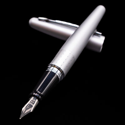 Pilot Metropolitan Fountain Pen - Silver with Dots laying across its own cap, crossed, with a focus on the nib.