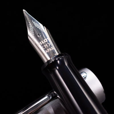 A macro shot of the nib with its intricate detailing and logo engraving for the Pilot Metropolitan Fountain Pen - Silver with Dots.