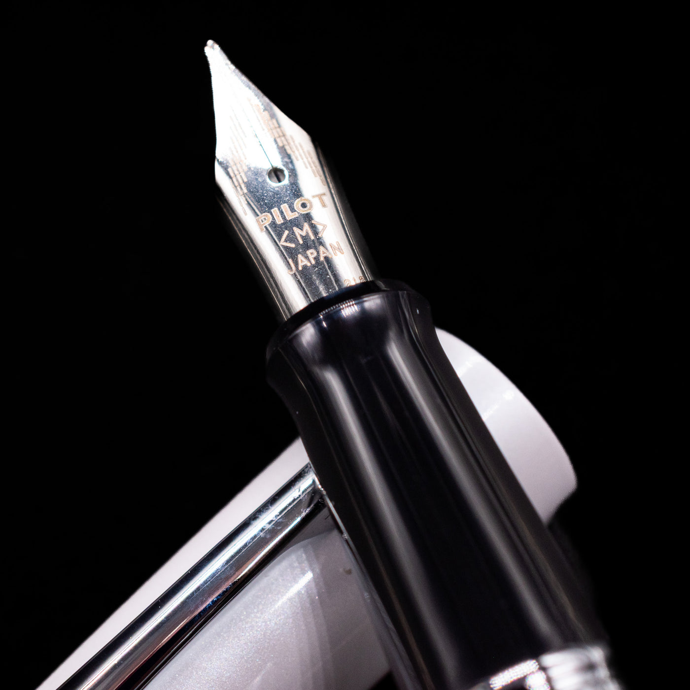  A macro shot of the nib with its intricate detailing and logo engraving for the Pilot Metropolitan Fountain Pen - White Tiger.