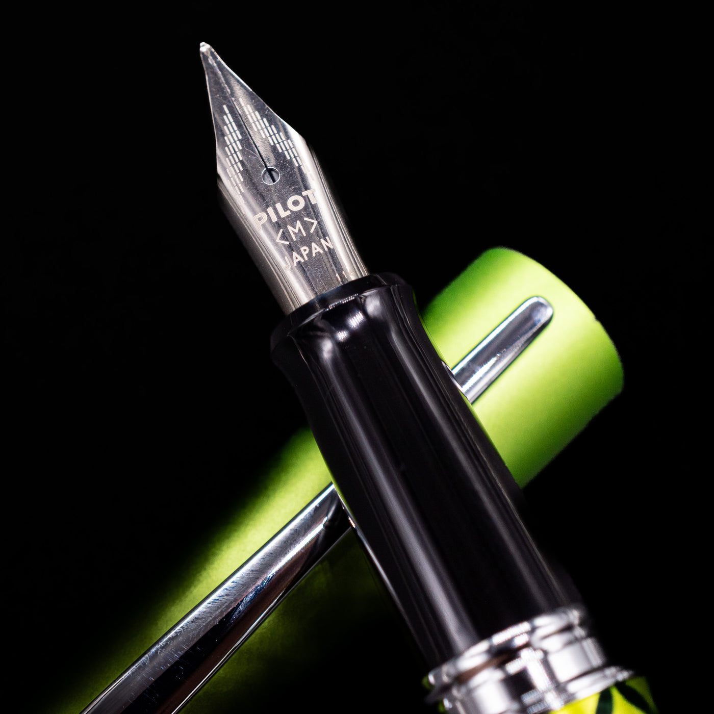 A macro shot of the nib with its intricate detailing and logo engraving for the Pilot Metropolitan MR Retro Pop Fountain Pen - Green.