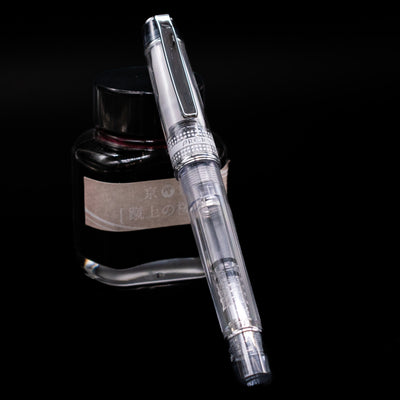 Pilot Prera Fountain Pen - Black capped, leaning against an ink bottle. 