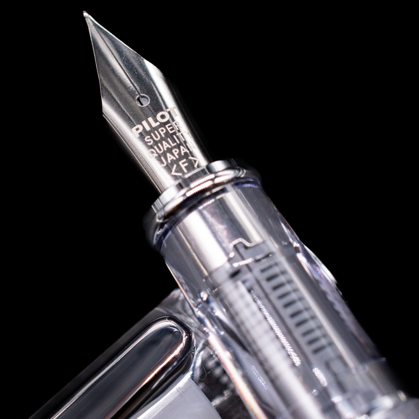 A macro shot of the nib with its intricate detailing and logo engraving for the Pilot Prera Fountain Pen - Black.
