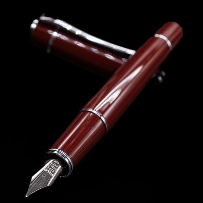 Pilot Prera Fountain Pen - Cinnamon Brown laying across its own cap, crossed, with a focus on the nib.