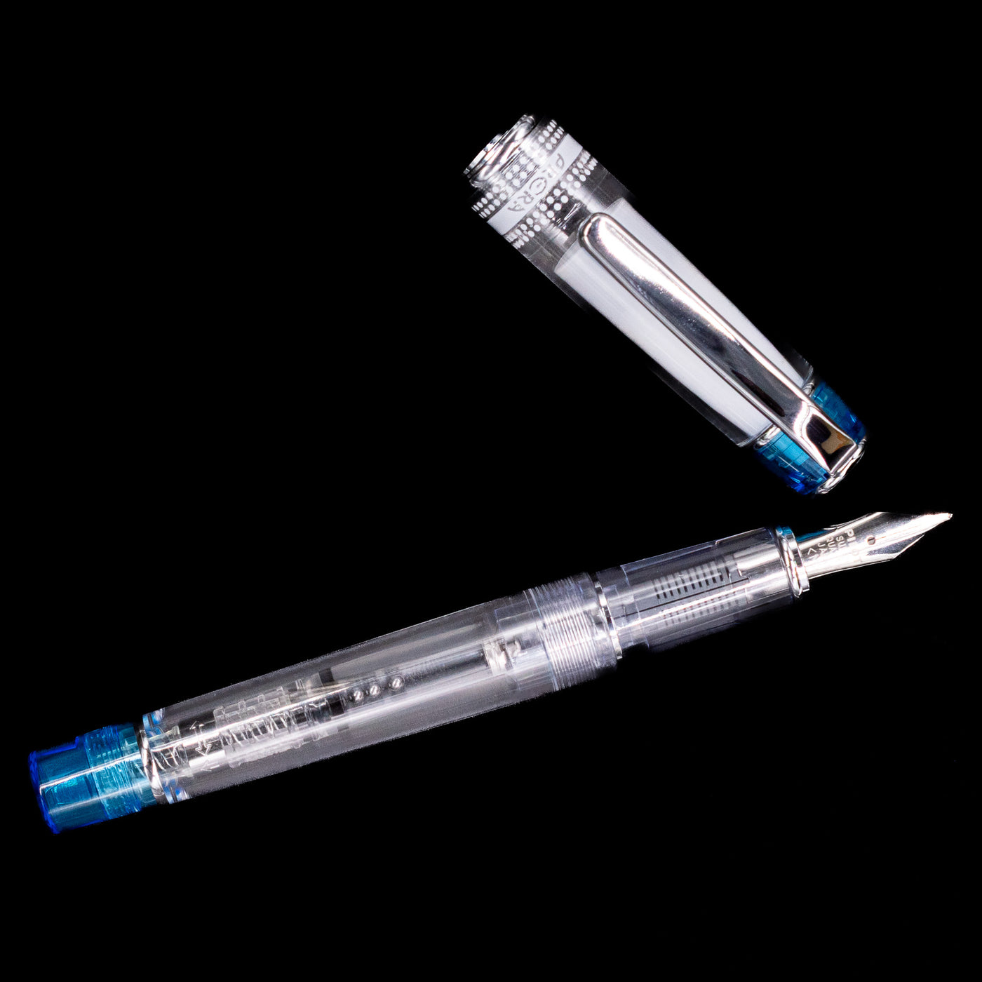 An overhead view of the Pilot Prera Fountain Pen - Light Blue uncapped.