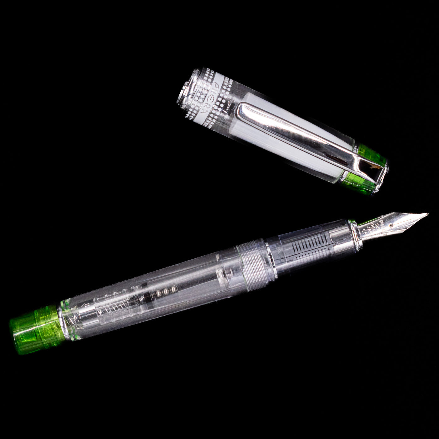An overhead view of the Pilot Prera Fountain Pen - Light Green uncapped.