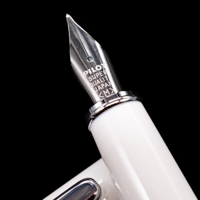 A macro shot of the nib with its intricate detailing and logo engraving for the Pilot Prera Fountain Pen - Porcelain White.