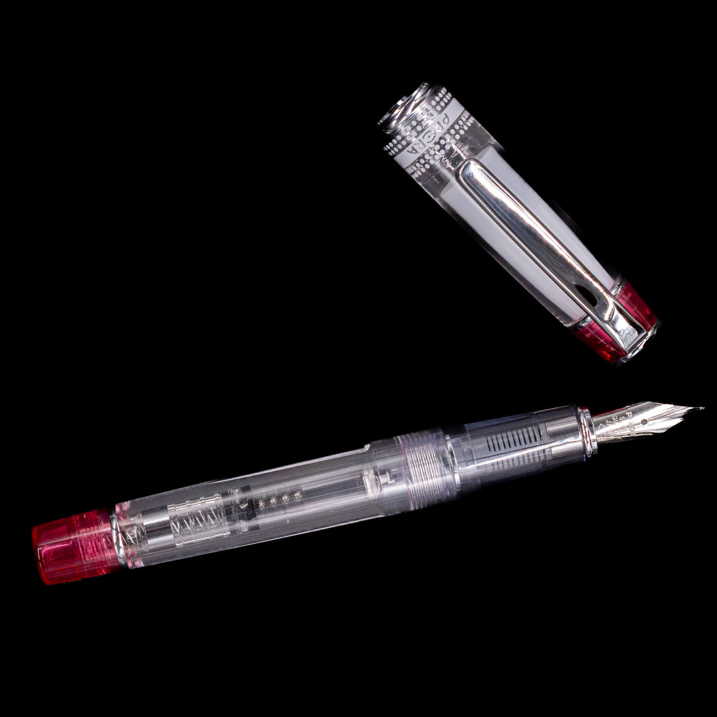 An overhead view of the Pilot Prera Fountain Pen - Red uncapped.