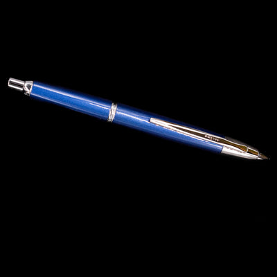 An overhead view of the Pilot Vanishing Point Decimo Fountain Pen - Navy Blue uncapped.