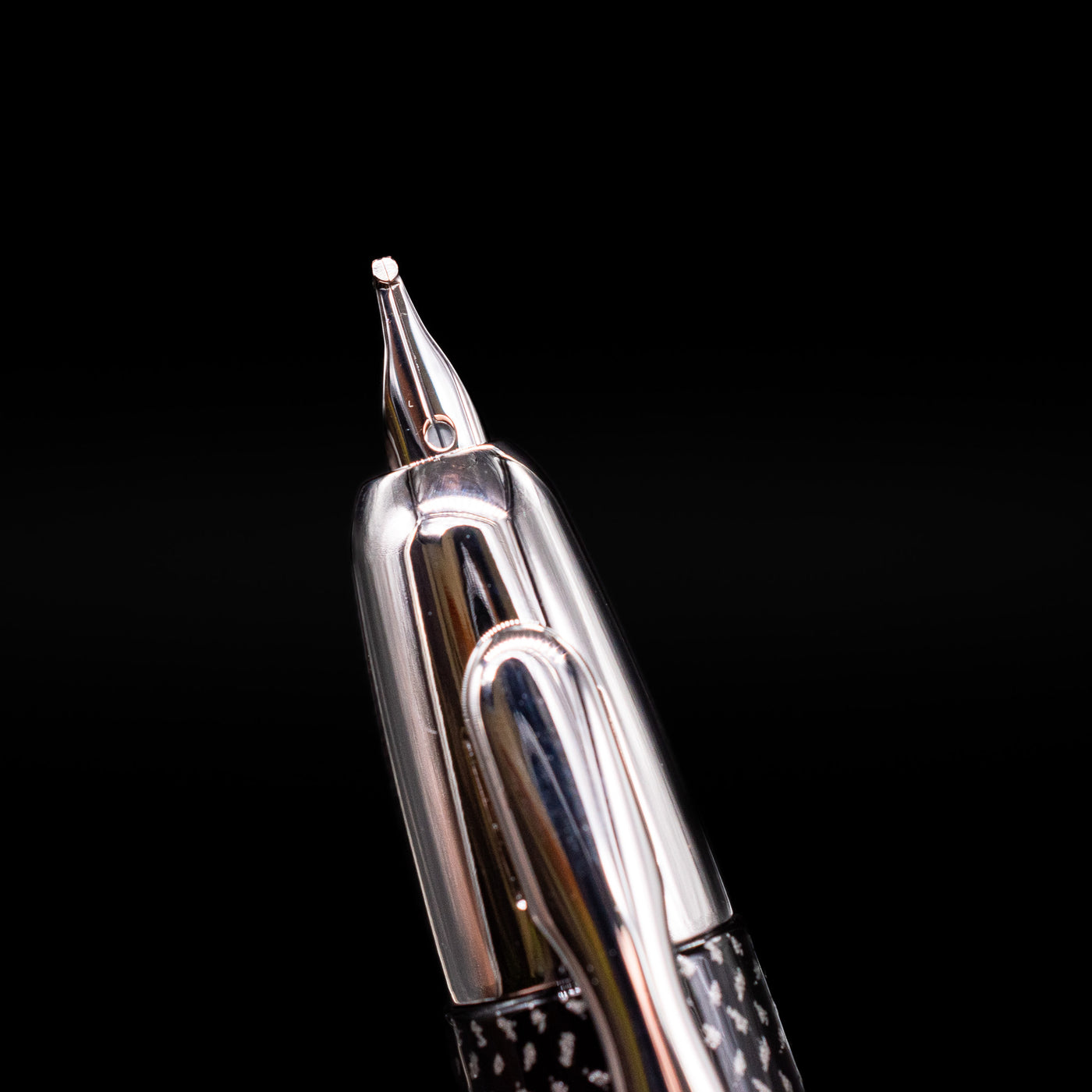 A macro shot of the nib on the Pilot Vanishing Point Fountain Pen - Black Carbonesque.