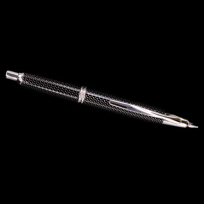 An overhead view of the Pilot Vanishing Point Fountain Pen - Black Carbonesque uncapped.