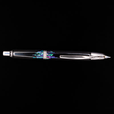 An overhead view of the Pilot Vanishing Point Fountain Pen - Raden Stripe uncapped.