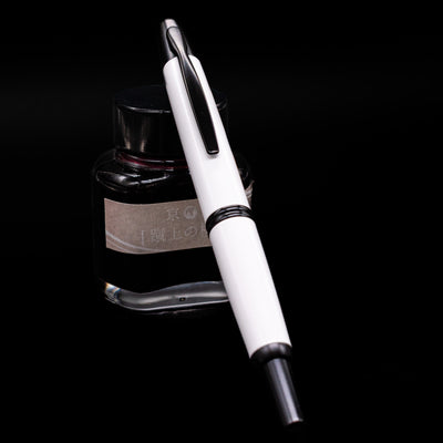 Pilot Vanishing Point Fountain Pen - White & Black capped, leaning against the ink bottle.