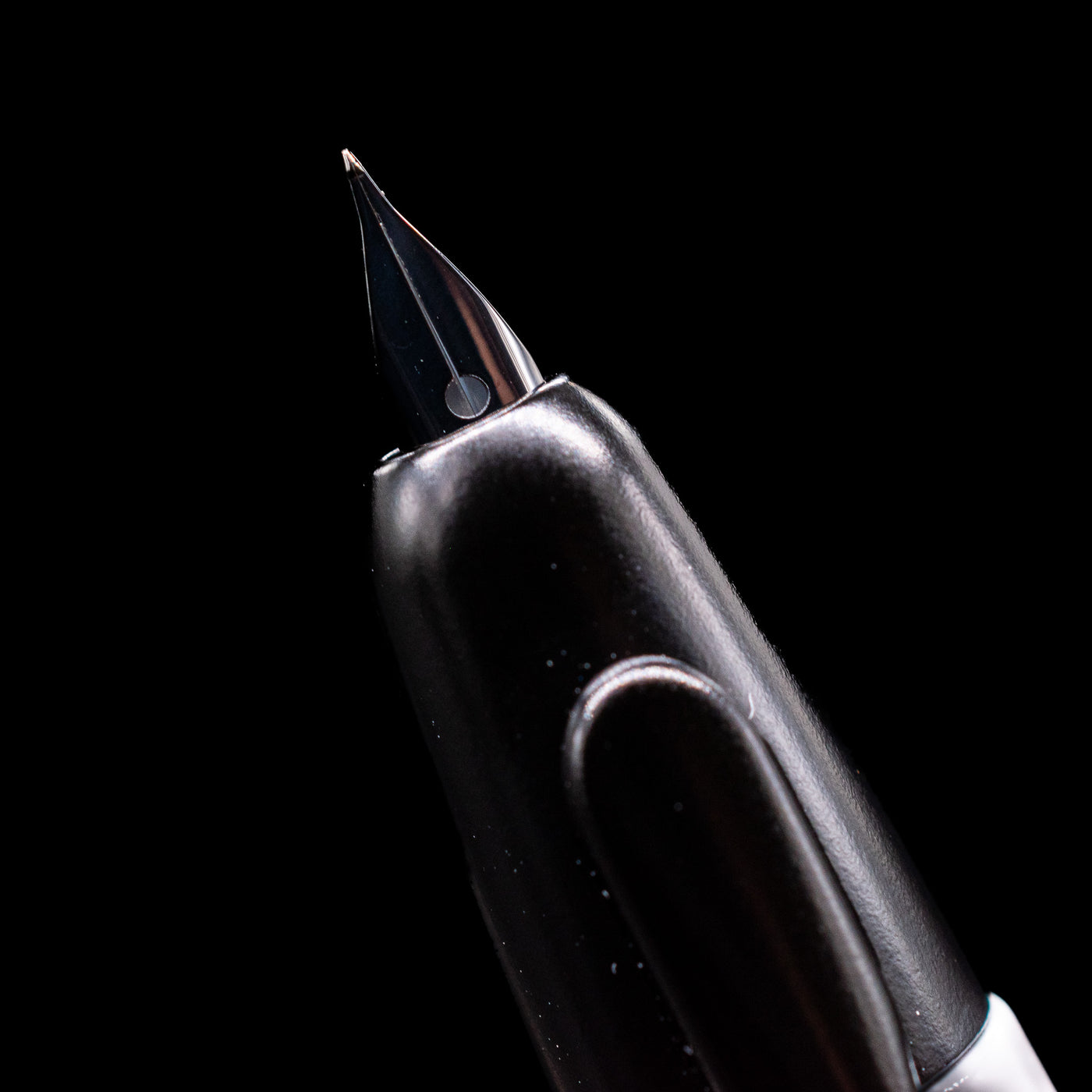 A macro shot of the nib on the Pilot Vanishing Point Fountain Pen - White & Black.