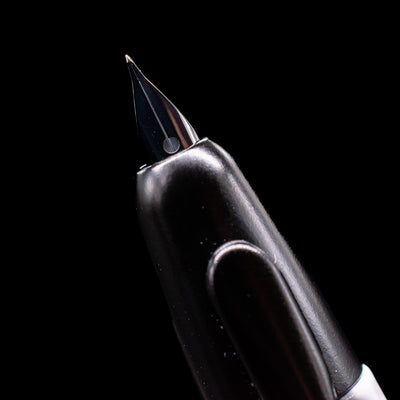 A macro shot of the nib on the Pilot Vanishing Point Fountain Pen - White & Black.