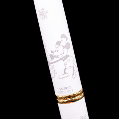 A detail shot of the Mickey Mouse cartoon on the back of the body of the Pilot Vanishing Point Limited Edition Fountain Pen - Disney 100 Mickey Mouse.