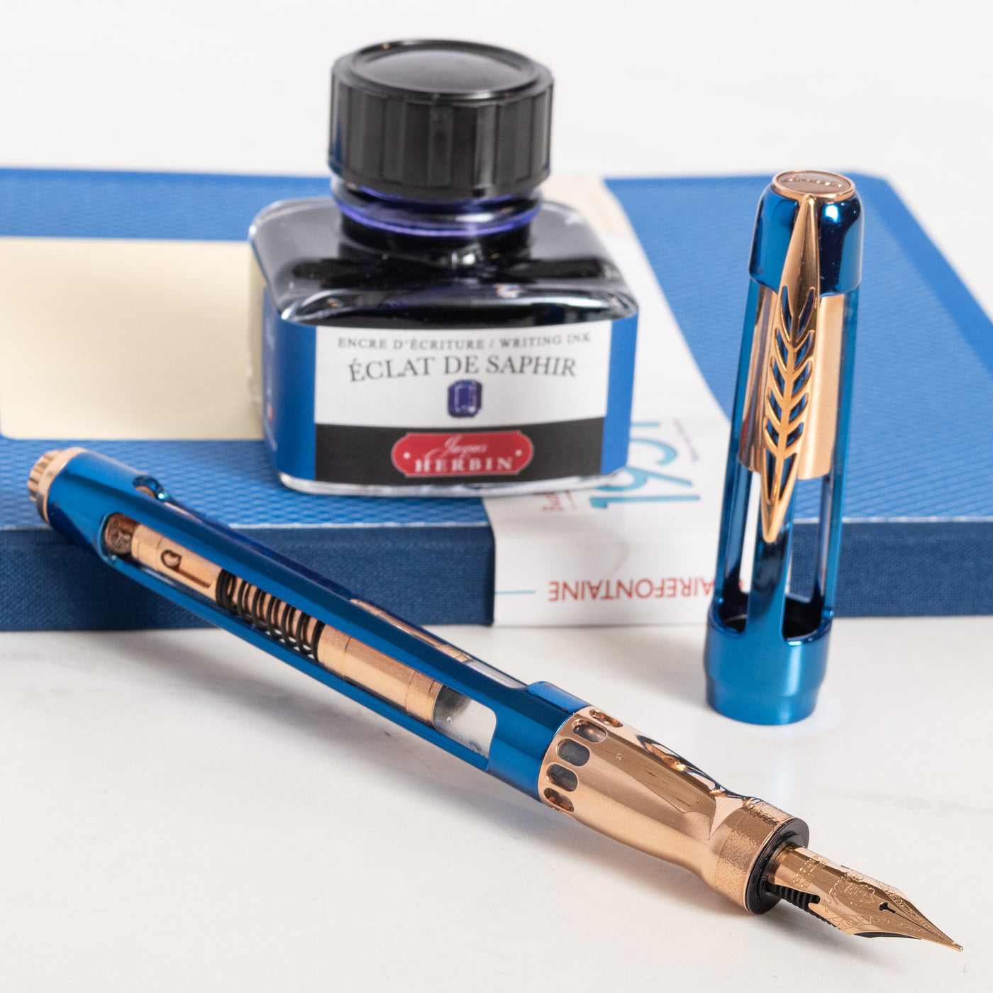 Pineider Arman Blue Trilogy Fountain Pen rose gold trim