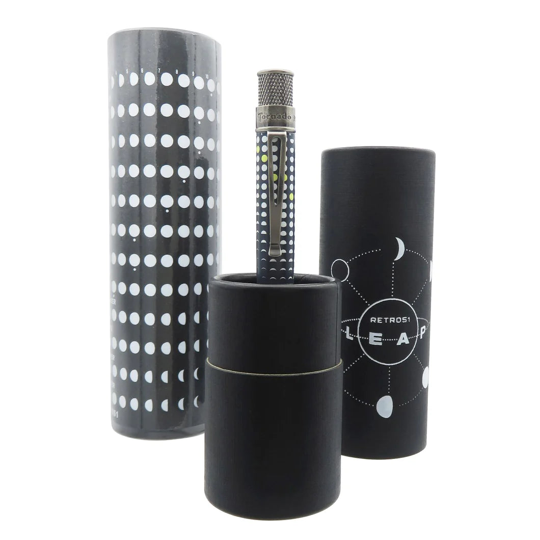 Limited Edition Tornado Pen - Reflecting unique moments of leap day. Glow-in-the-dark lunar print, lucky number 8, stonewashed accents. Includes Lunar Calendar print.