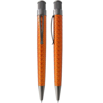Retro 51 Tread Tornado Rollerball Pen - Yellow Spark, Orange Flare, and Grey Flint with gunmetal accents and chain-like pattern.
