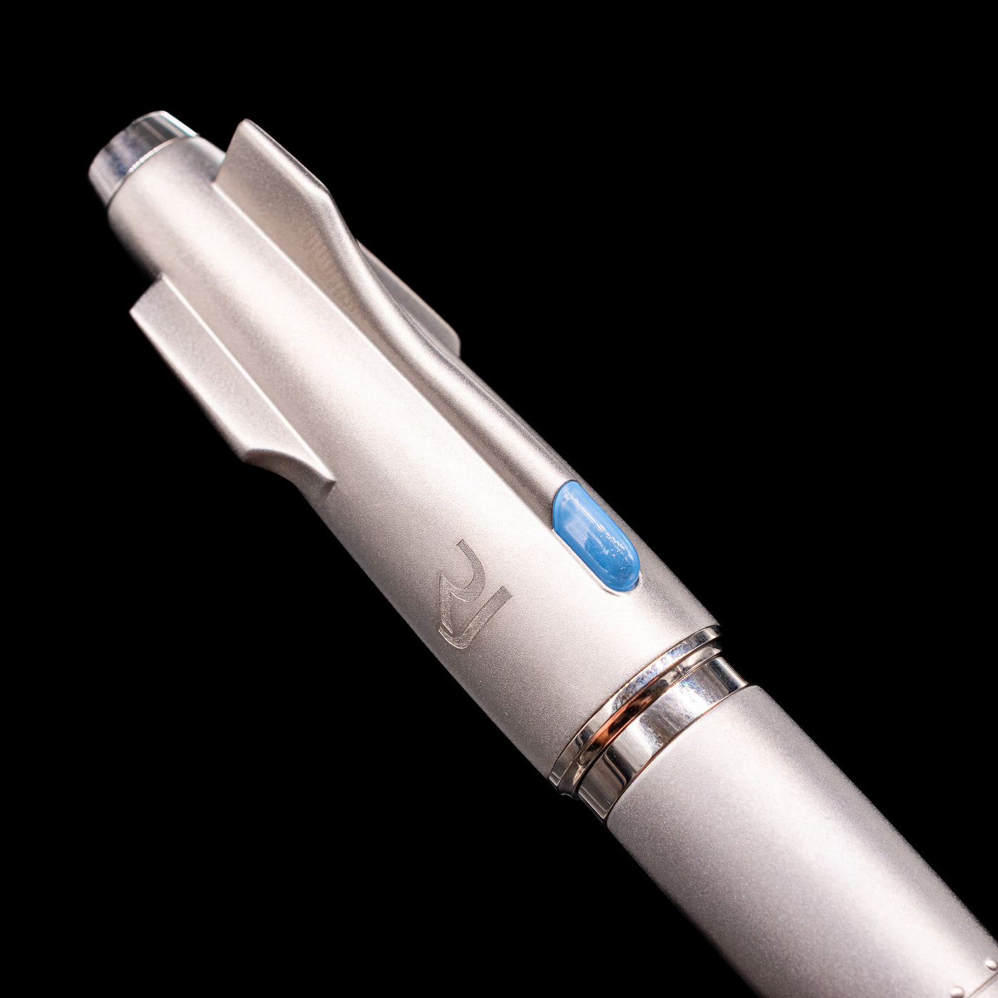 Close-up view of the cap on the Romain Jerome Moon Fighter Rollerball Pen - Heavy Metal.