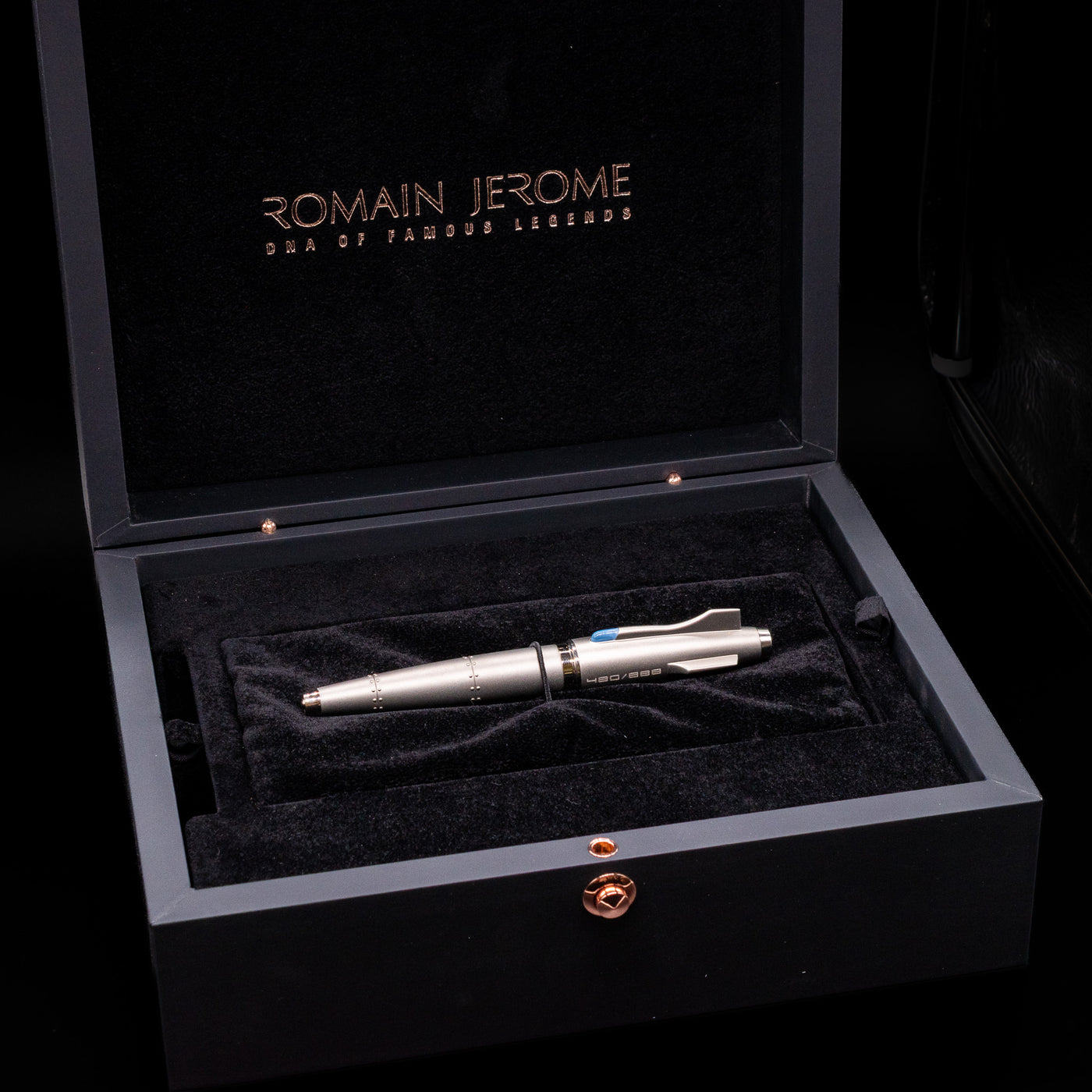 The inner box opened to show the Romain Jerome Moon Fighter Rollerball Pen - Heavy Metal