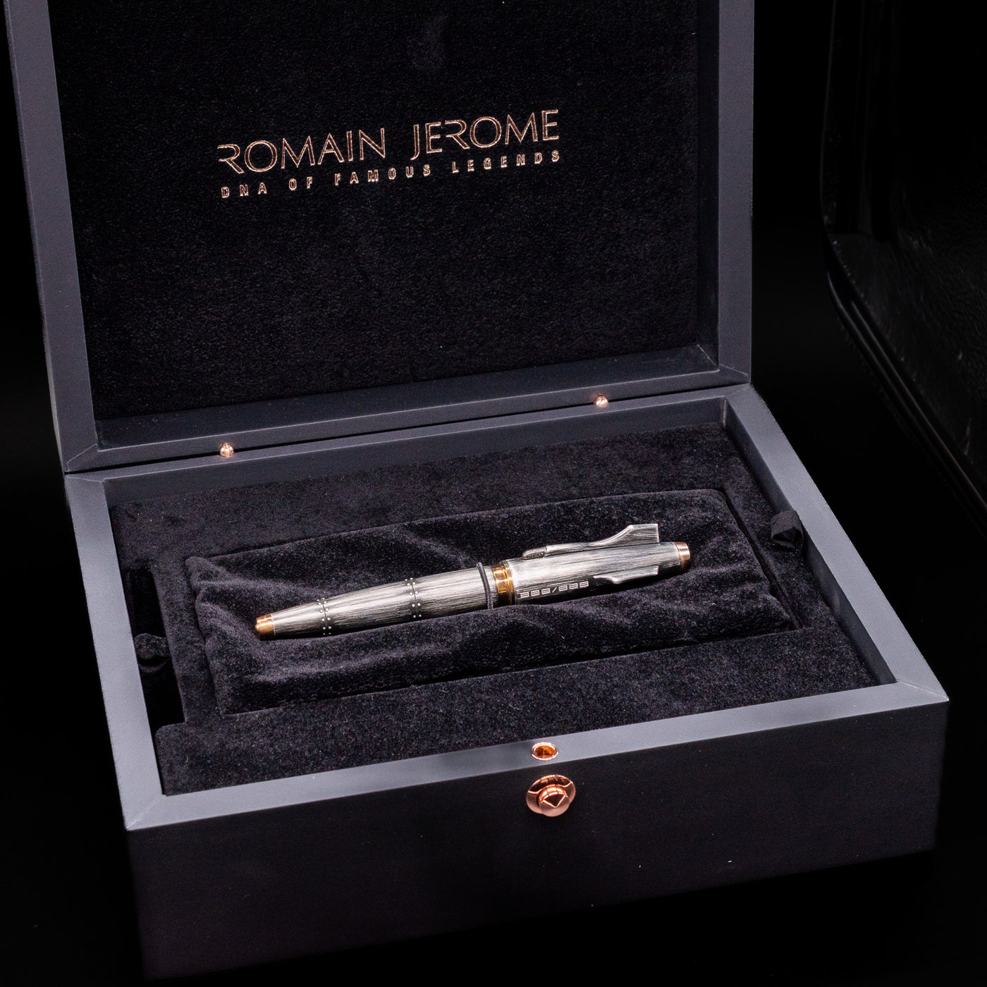 The inner box opened to show the Romain Jerome Moon Fighter Rollerball Pen - Vintage Finish.