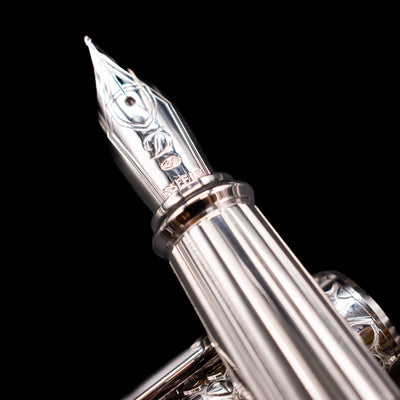 A macro shot of the nib with its intricate detailing and logo engraving for the ST Dupont Line D Eternity Snake Skin Fountain Pen - Green.