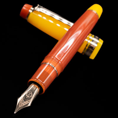 Sailor Professional Gear King of Pens Fountain Pen - Moonlight Over the Ocean laying across its own cap, crossed, with a focus on the nib.