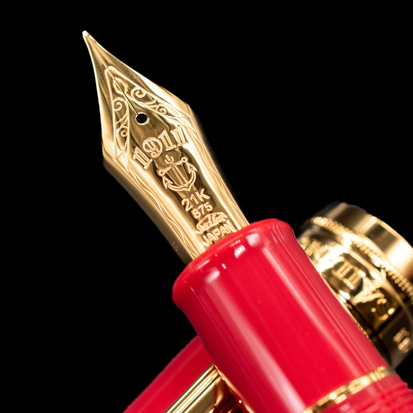 A macro shot of the nib with its intricate detailing and logo engraving for the Sailor Professional Gear King of Pens Fountain Pen - Pillow Book Autumn Sky.