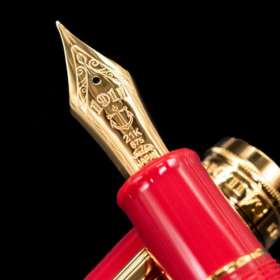 A macro shot of the nib with its intricate detailing and logo engraving for the Sailor Professional Gear King of Pens Fountain Pen - Pillow Book Autumn Sky.