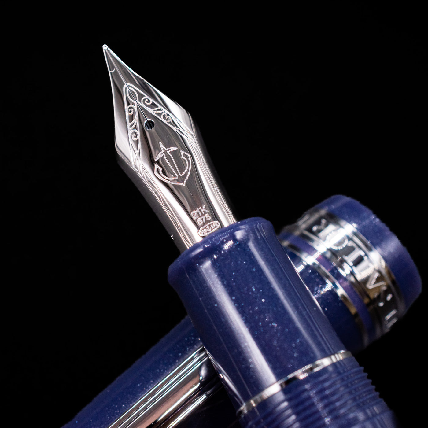 A macro shot of the nib with its intricate detailing and logo engraving for the Sailor Professional Gear King of Pens Fountain Pen - Storm over the Ocean.