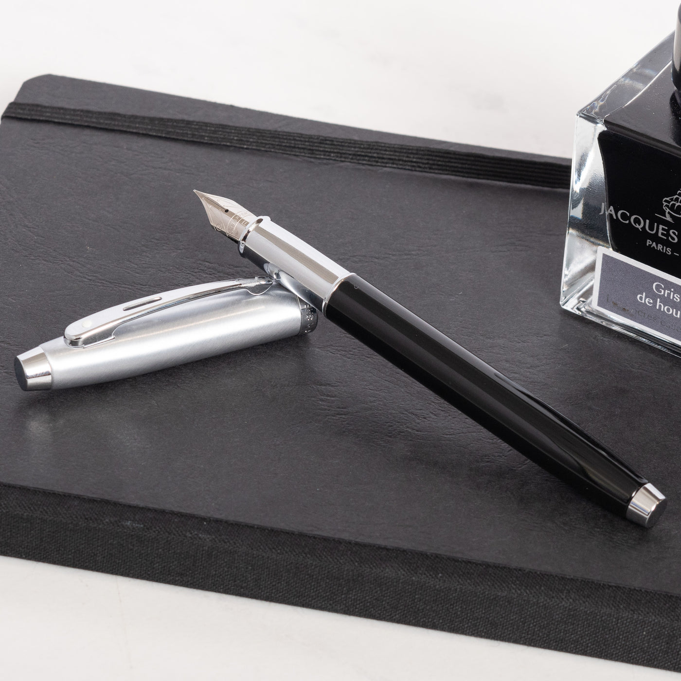 Sheaffer 100 Fountain Pen - Black with Brushed Chrome Cap silver trim