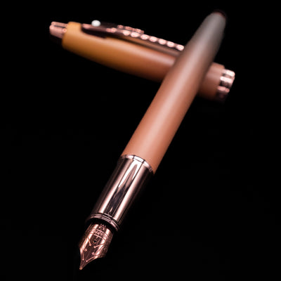 Sheaffer 100 Fountain Pen - Coffee (Special Edition) laying across its own cap, crossed, with a focus on the nib.