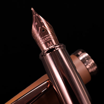 A macro shot of the nib with its intricate detailing and Sheaffer logo engraving for the Sheaffer 100 Fountain Pen - Coffee (Special Edition).