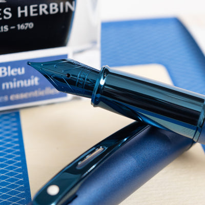 Sheaffer 100 Fountain Pen - Satin Blue with PVD Blue Trim stainless steel nib