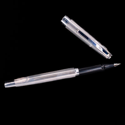 An overhead view of the Sheaffer Sagaris Rollerball Pen - Chrome uncapped.