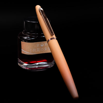 Sheaffer VFM Fountain Pen - Coffee (Special Edition) capped, leaning against an ink bottle. 