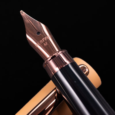 A macro shot of the nib with its intricate detailing and Sheaffer logo engraving for the Sheaffer VFM Fountain Pen - Coffee (Special Edition)