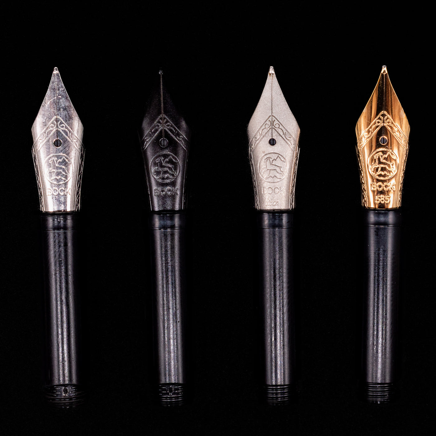4 types of nibs available for the Stilform INK Fountain Pen, stainless steel, black stainless steel, titanium, and 14k gold. 